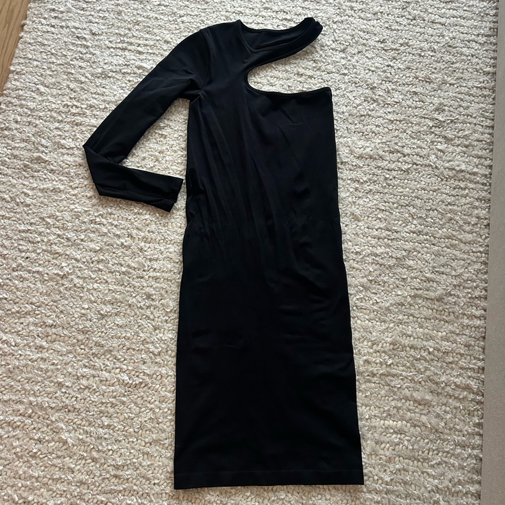 Helmet Lang black form fitted one shoulder dress.